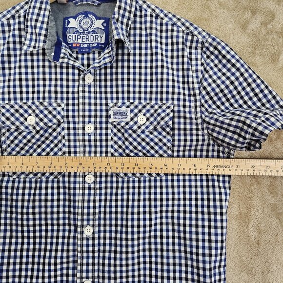 Superdry Button-Down Shirt Men's Size L Blue White Black Plaid Short Sleeve - Picture 4 of 10